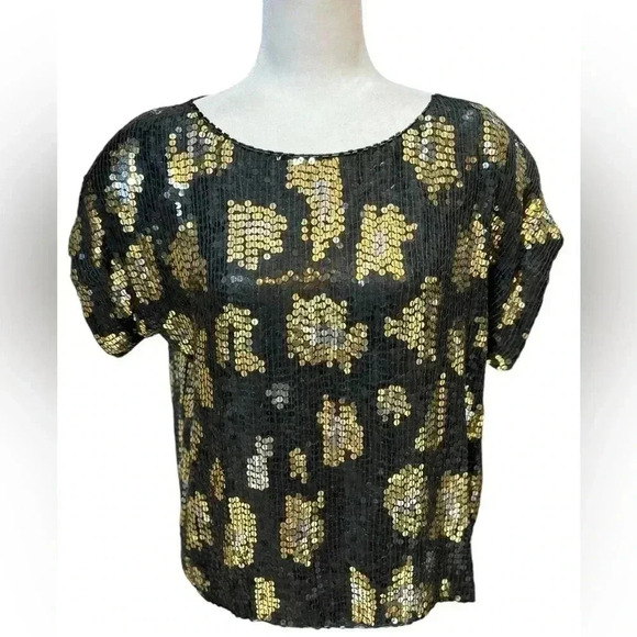 Vtg J. L. B. Beaded Black Leopard Big Cat Spots Sequins Trophy Silk Blouse Large - Picture 1 of 6